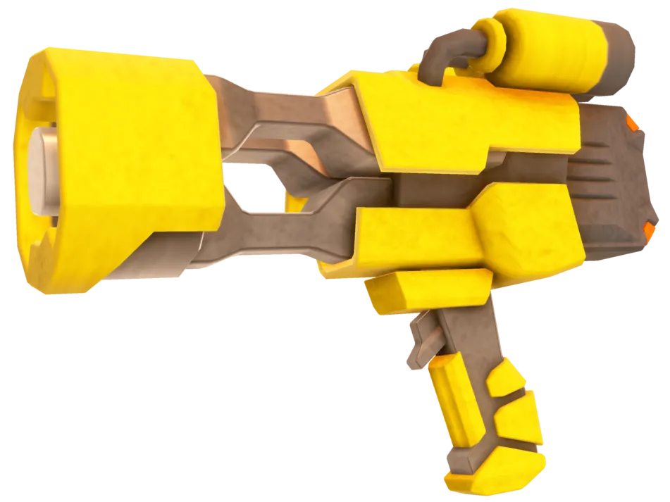 A small one handle bright yellow tool with three cartridges at the top.