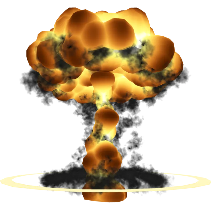 Bubbly orange nuclear mushroom cloud, with a ring of light expanding from its base.