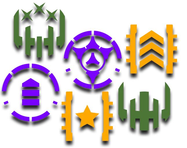 6 distinct symbols: 2 green, 2 purple, and 2 orange.