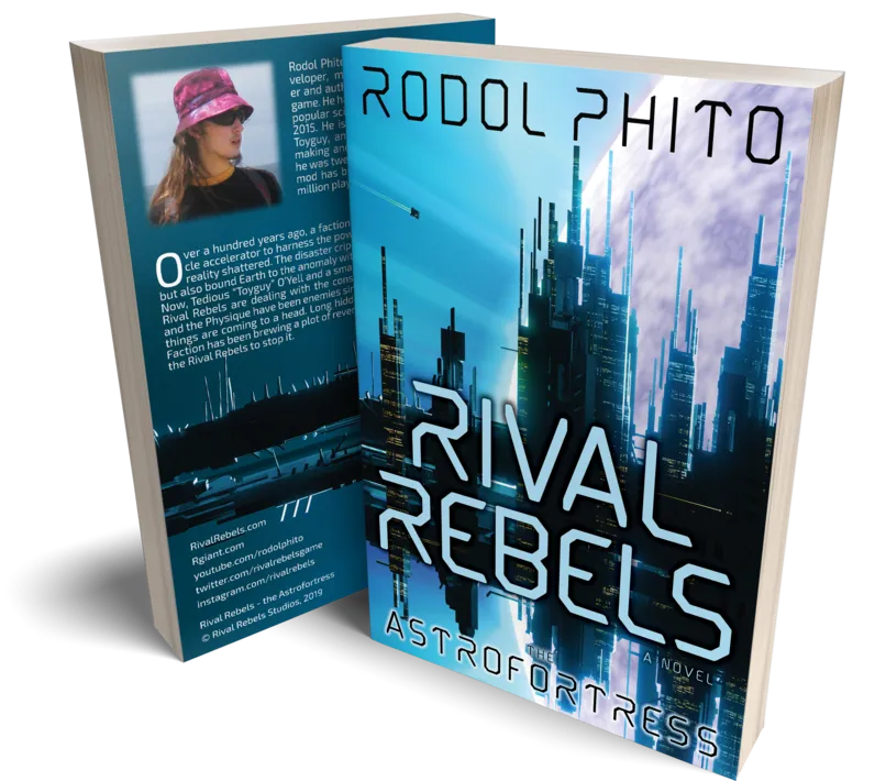 Mockup of the Rival Rebels book. A thick book with a blue cover, depicting a ring city encircling a star.