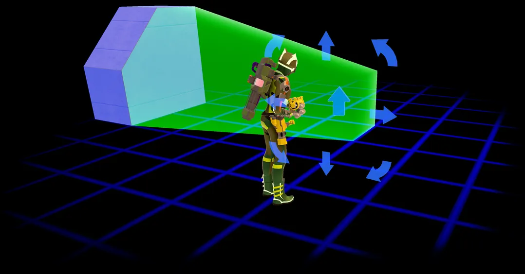 A green armored person holding a Shaper building tool, demonstrating how to extend a shape. A green selection bubble is visible, showing the space that the shape will expand to fill. Blue grid lines are visible on the floor, showing that the system works on a grid.