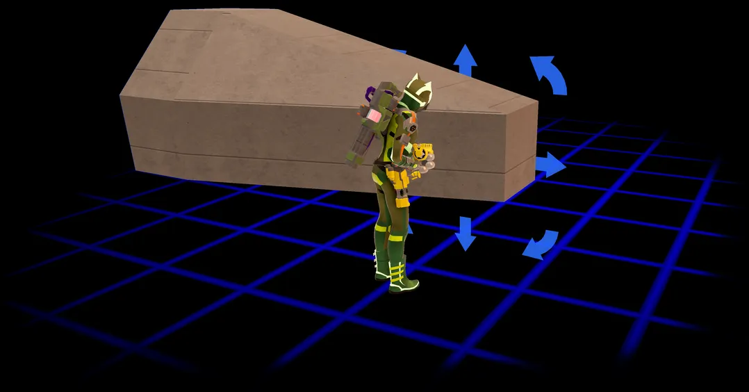 A green armored person holding a Shaper building tool, demonstrating how to extend a shape. The shape is now extended, and is no longer selected.