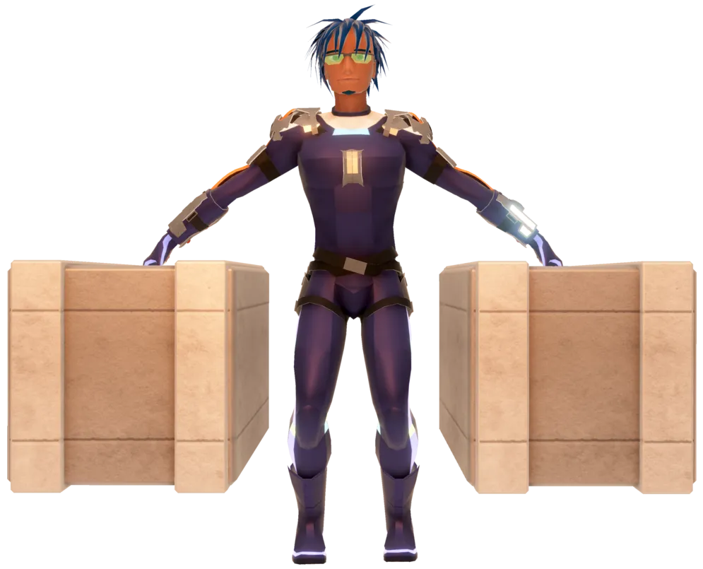 A blue haired man with purple armor is holding a large crate in either hand.