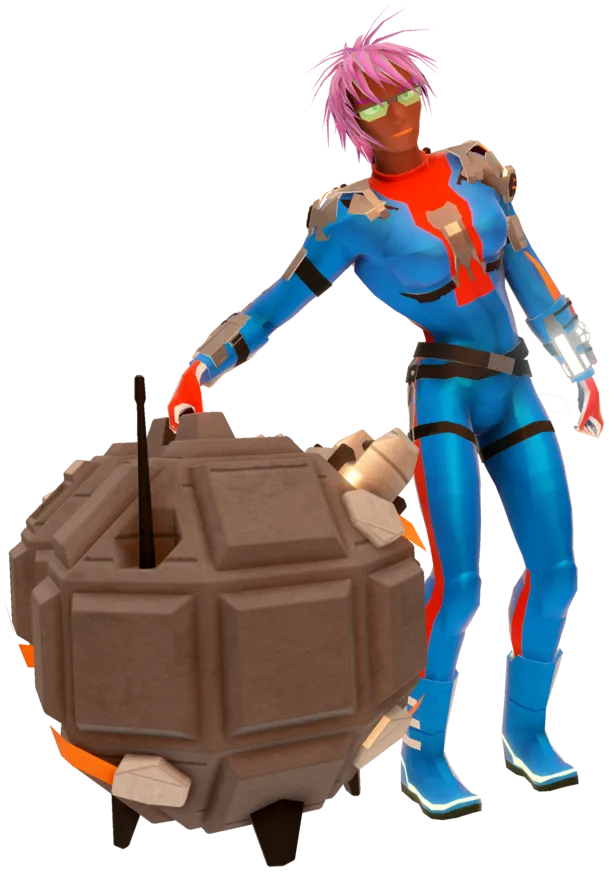A pink-haired woman with blue and red armor, and green glasses, holding a hand nuke in her right hand.