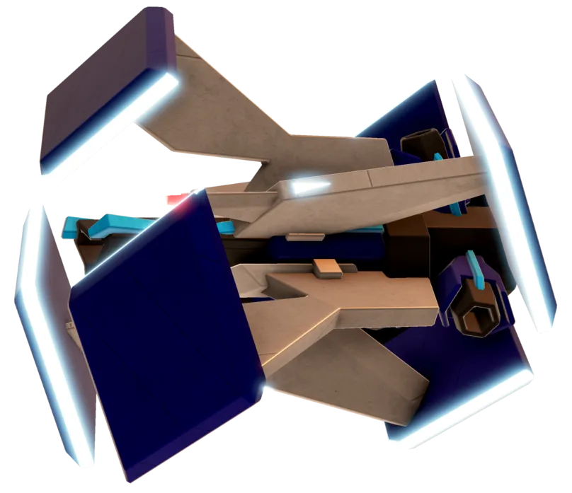 Side view of a deltoid, with 3 blue rhomboidal plates radially distributed around its central axis, where a single Hex cannon is housed. An array of thrusters pointing in several directions is on its rear, in between another 3 armor plates.