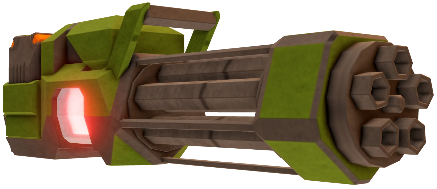 A matte green laser minigun with rotating barrel and a glowing red section underneath.