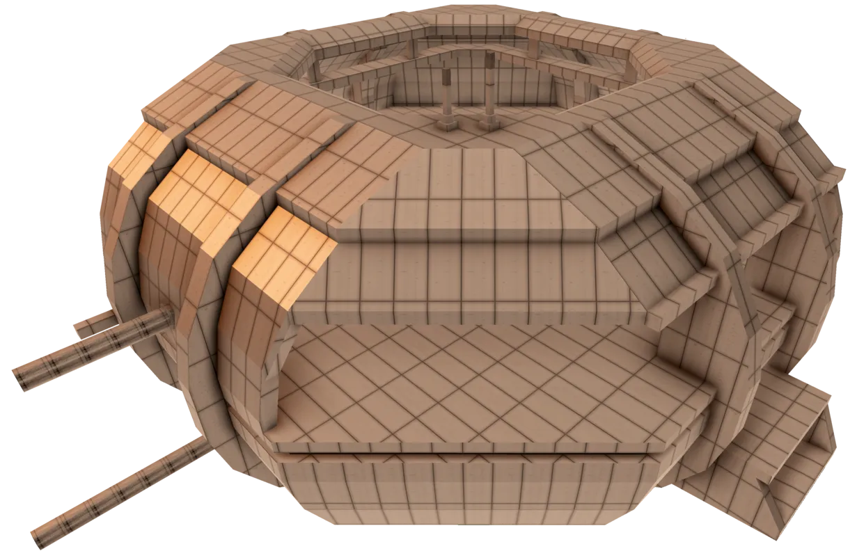 Solid metallic dome-like construction with an internal space and a large wide open 'skylight' for landing or taking off from.