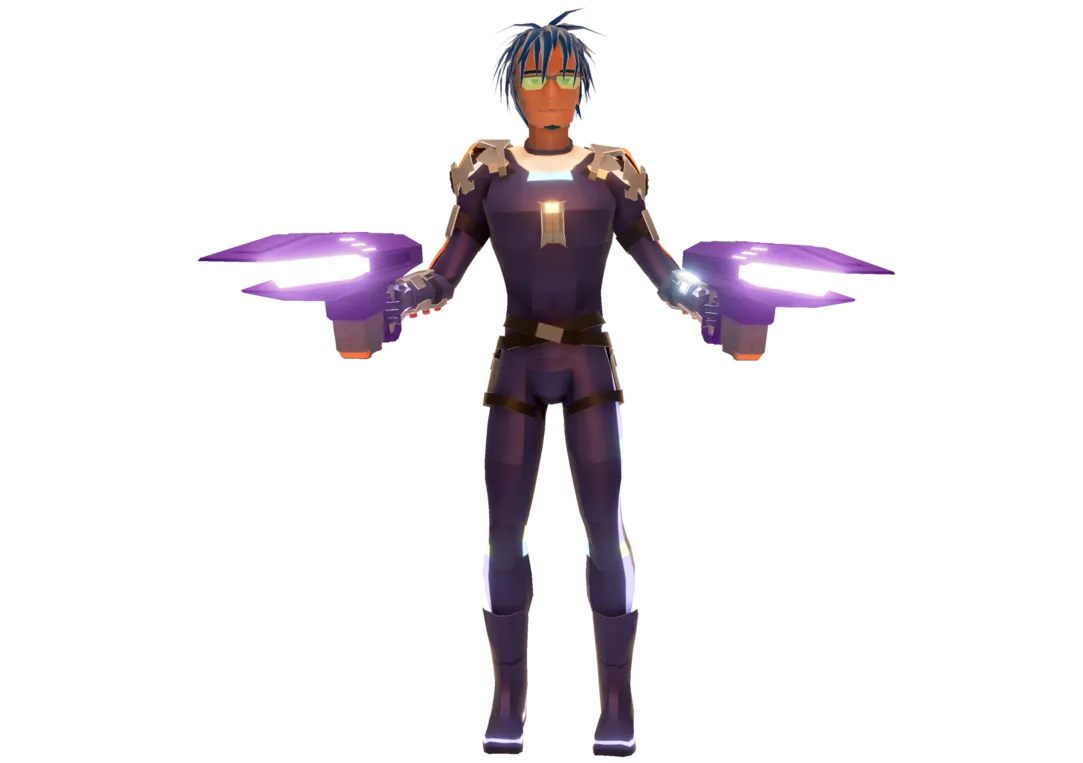 A blue haired man with purple armor holding a plasma cannon in each hand