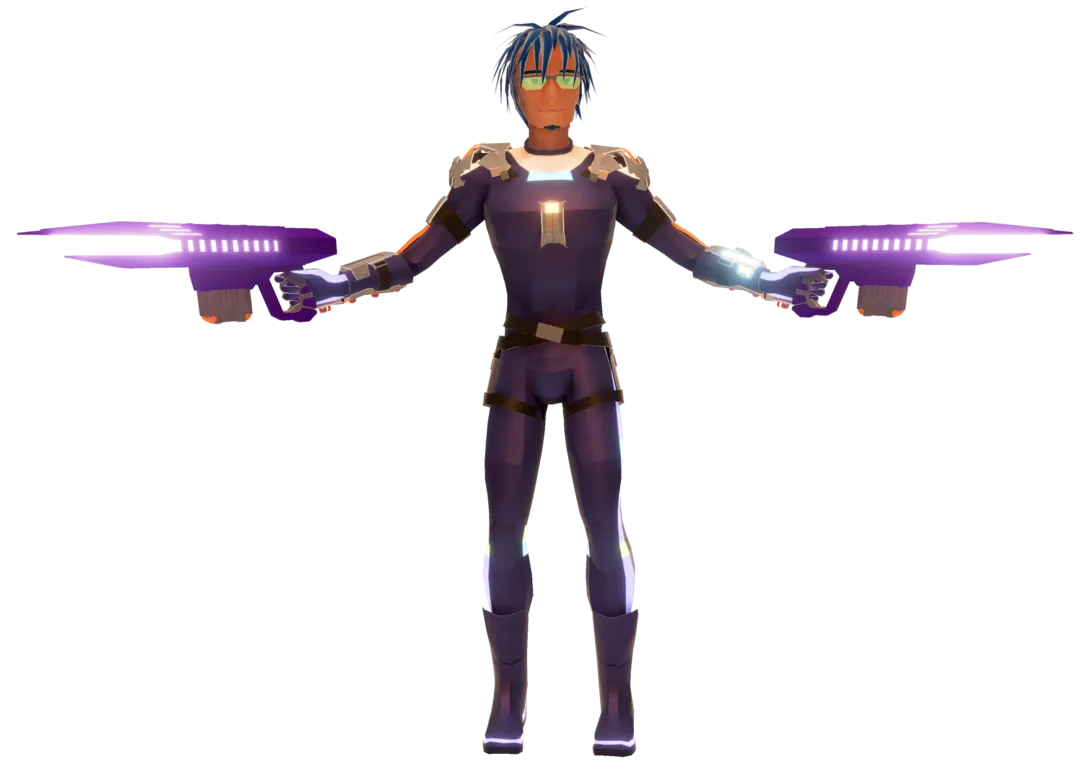 A blue haired man with purple armor point two plasma cannon laterally