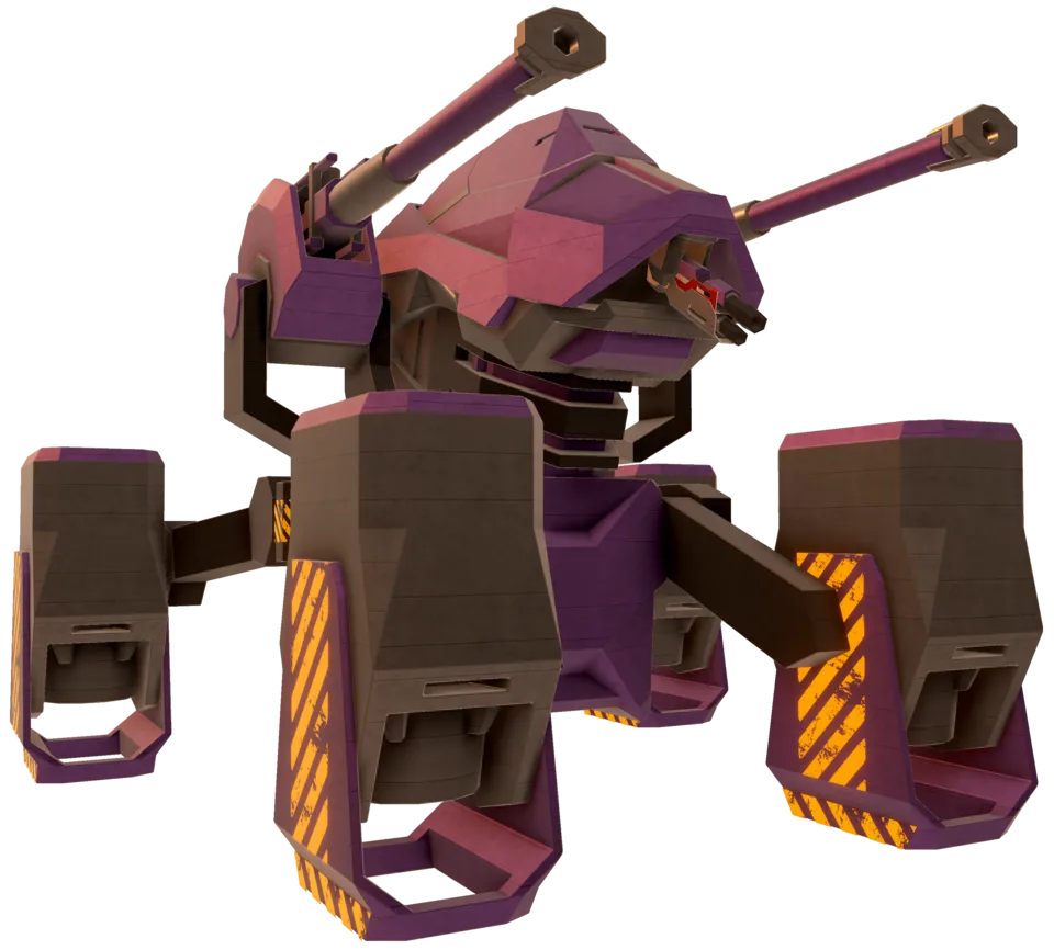 Menacing view of a monstruous purple hovertank with two Mark-1 artillery.