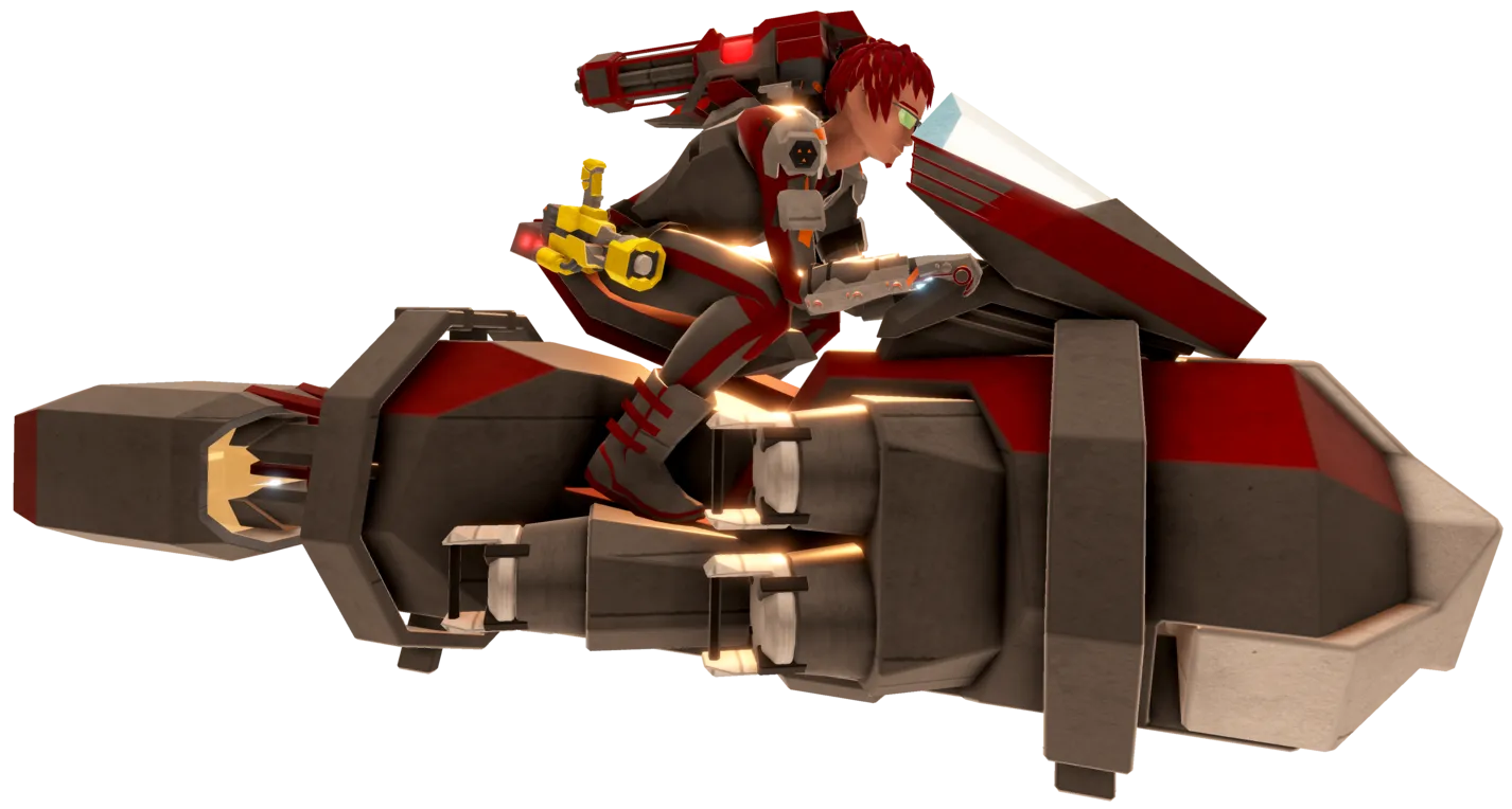 Black and red nuke bike with 3 nuclear rods visible, being ridden by a red haired man with black and red armor.