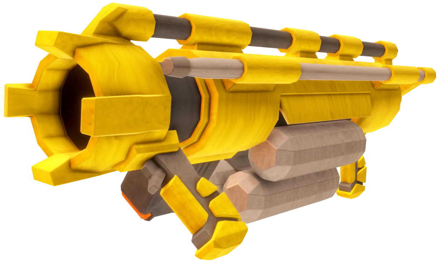 A large cylindrical bright yellow tool composed of several sections, with a revolving hexagonal-packed 6 foam canister magazine, two handles, and a battery.