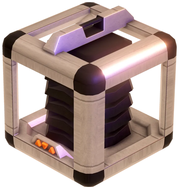 A shiny cubical frame containing a layered dark stack of disks.